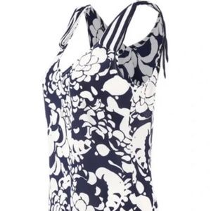 Cabi #5731 shoulder tie top, blue & white, sleeveless blouse